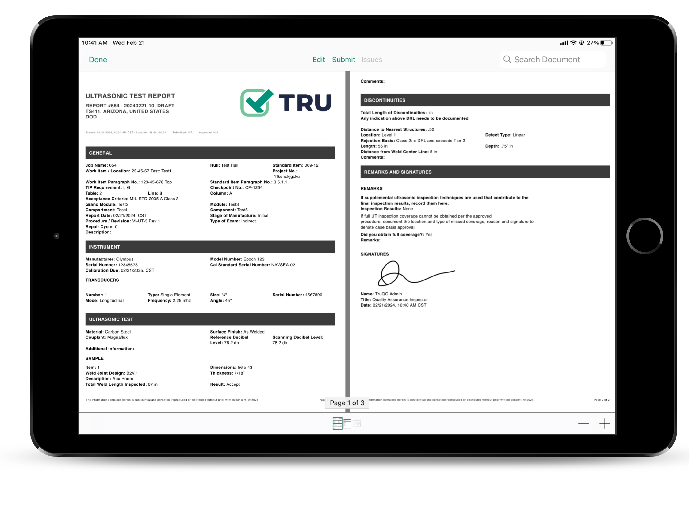 TRU Ultrasonic Test Report Signed
