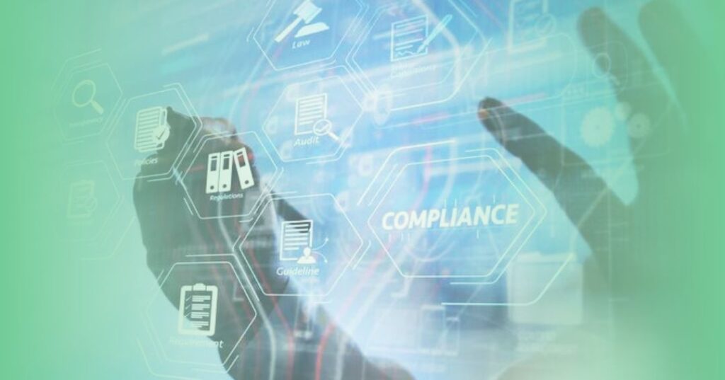 abstract, futuristic technology interface with various icons and text such as "Compliance", "Guideline", and "Report". The background is blurred and composed of shades of blue and green, creating a digital, technological atmosphere. The image suggests the importance of compliance and regulatory guidelines in a technology-driven environment.